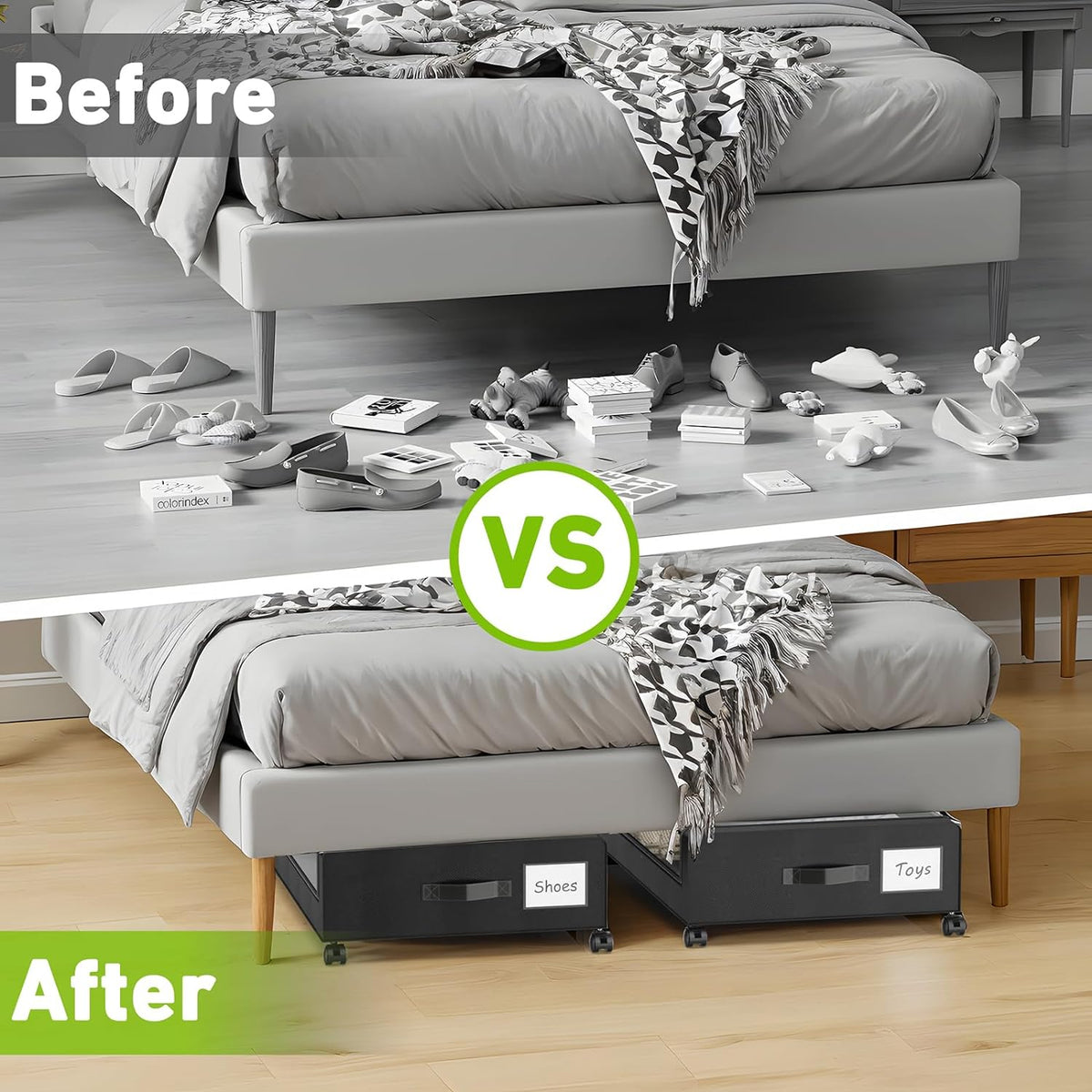 Under Bed Storage with Wheels, 2-Pack Under the Bed Storage Containers with Clear Lids & Label