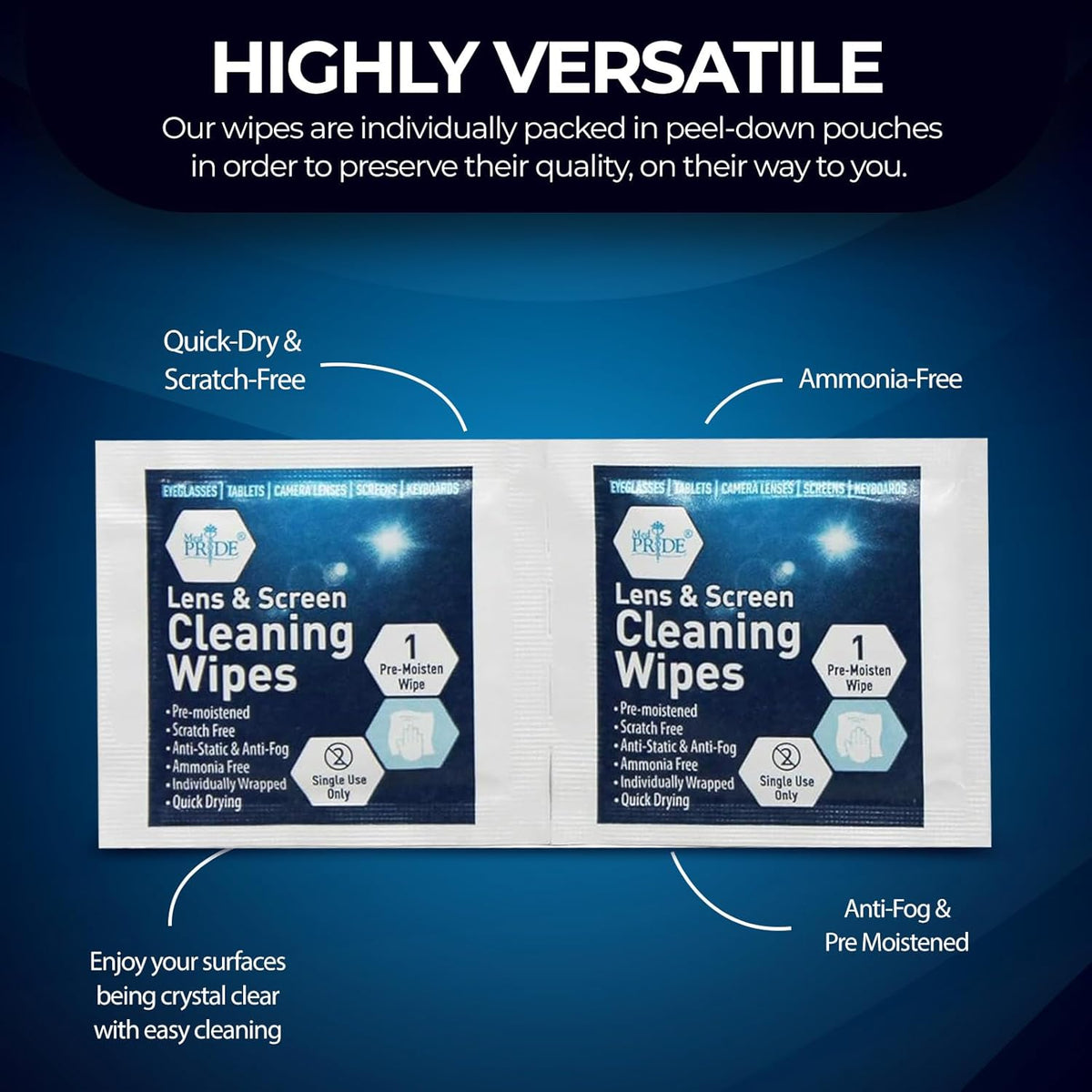 MED PRIDE Anti-Fog Lens and Screen Cleaning Wipes for Eyeglasses, Touch Screens, Premoistened