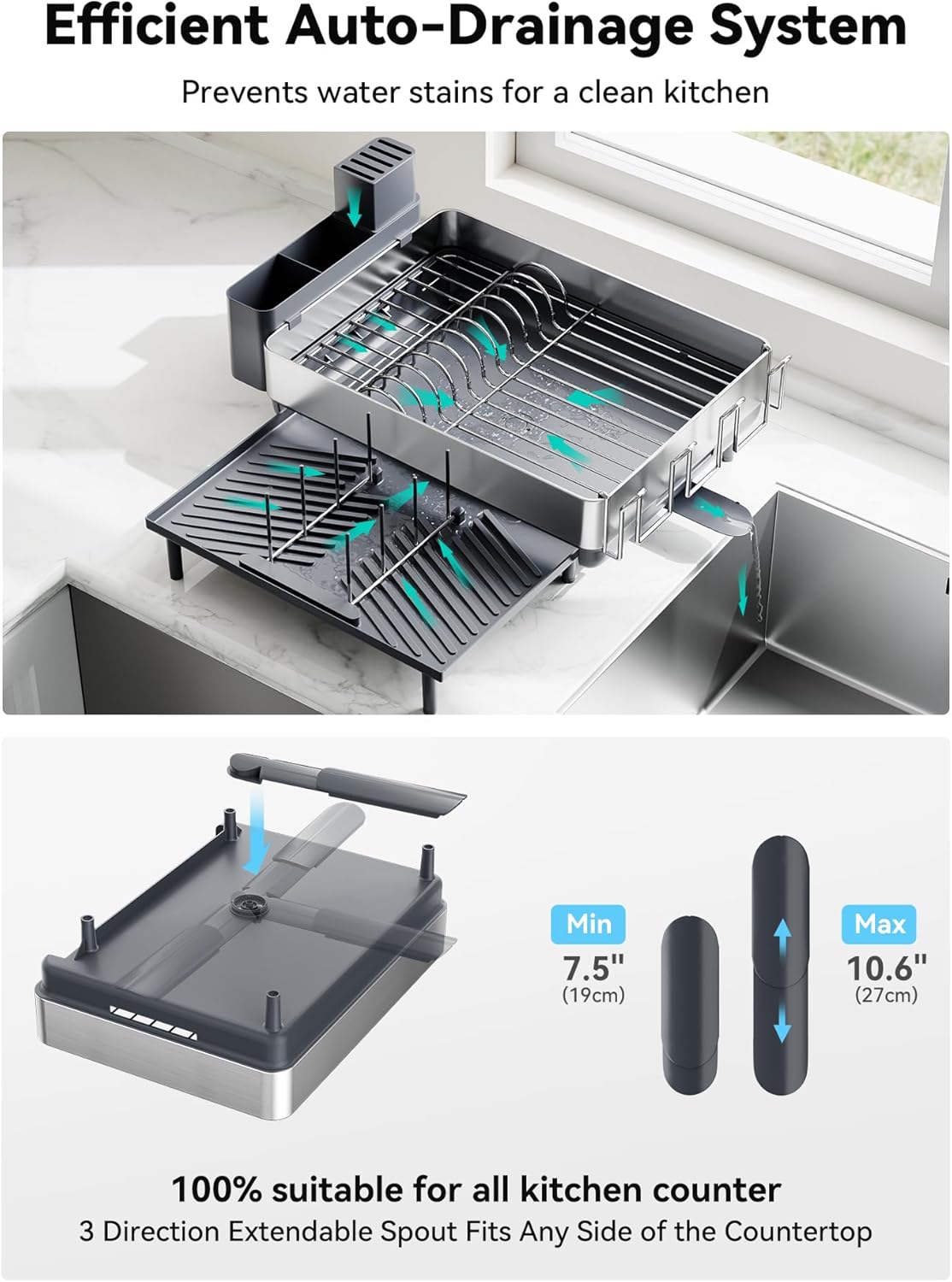 SUNLY Large Dish Drying Rack, Expandable Dish Racks for Kitchen Counter, Space Saving 304 Stainless
