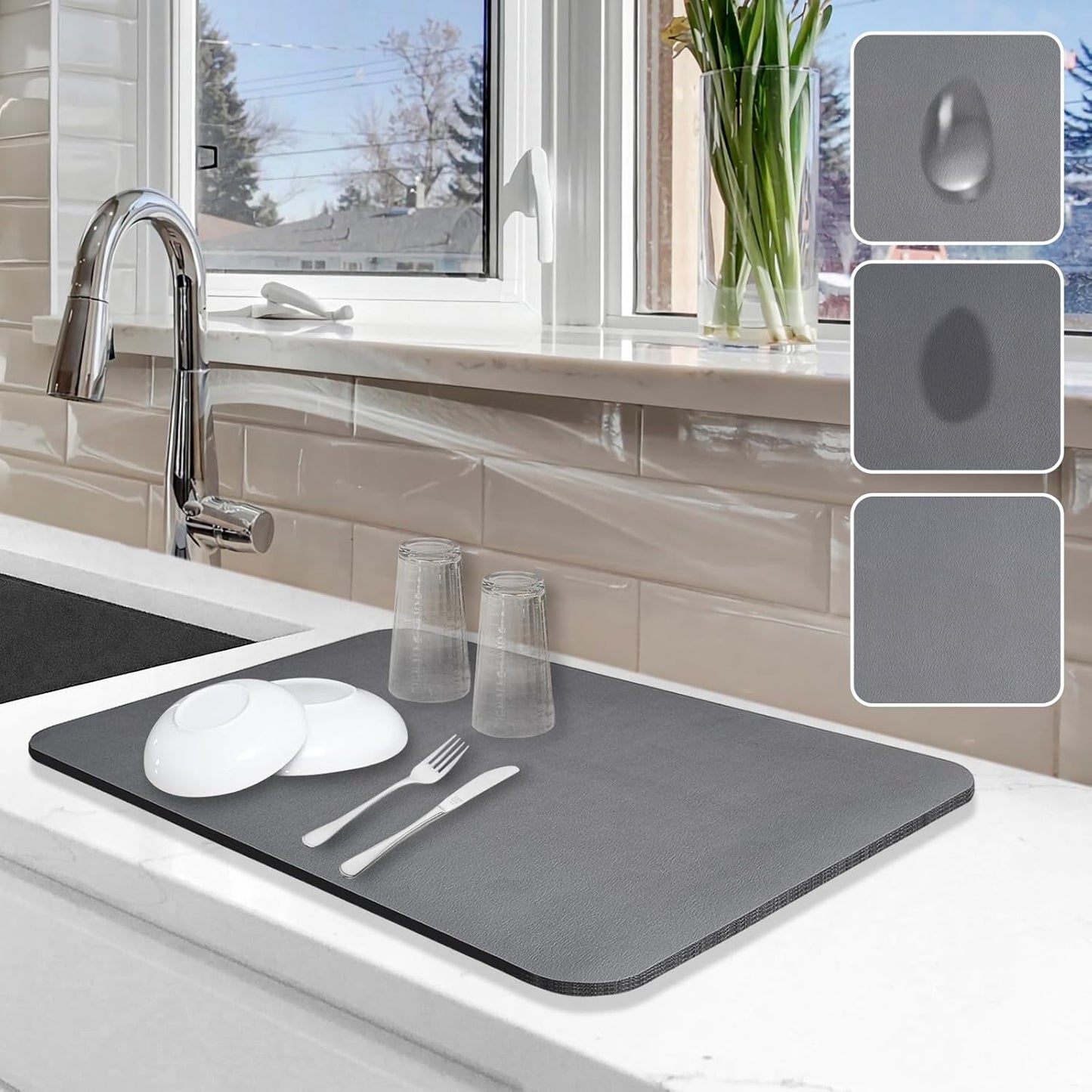 Dish Drying Mat for Kitchen Counter, 12"x19" Dish Drying Pad with Non-slip Rubber Backed, Hide