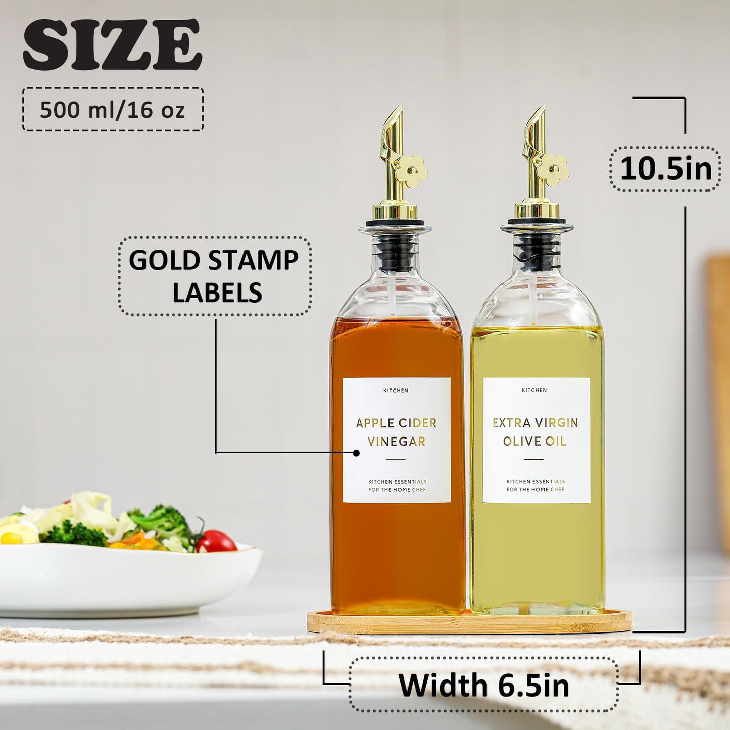 HOMCDALY Olive Oil Dispenser for Kitchen, 11.8oz Glass Dispenser Bottles with Pourer for Kitchen