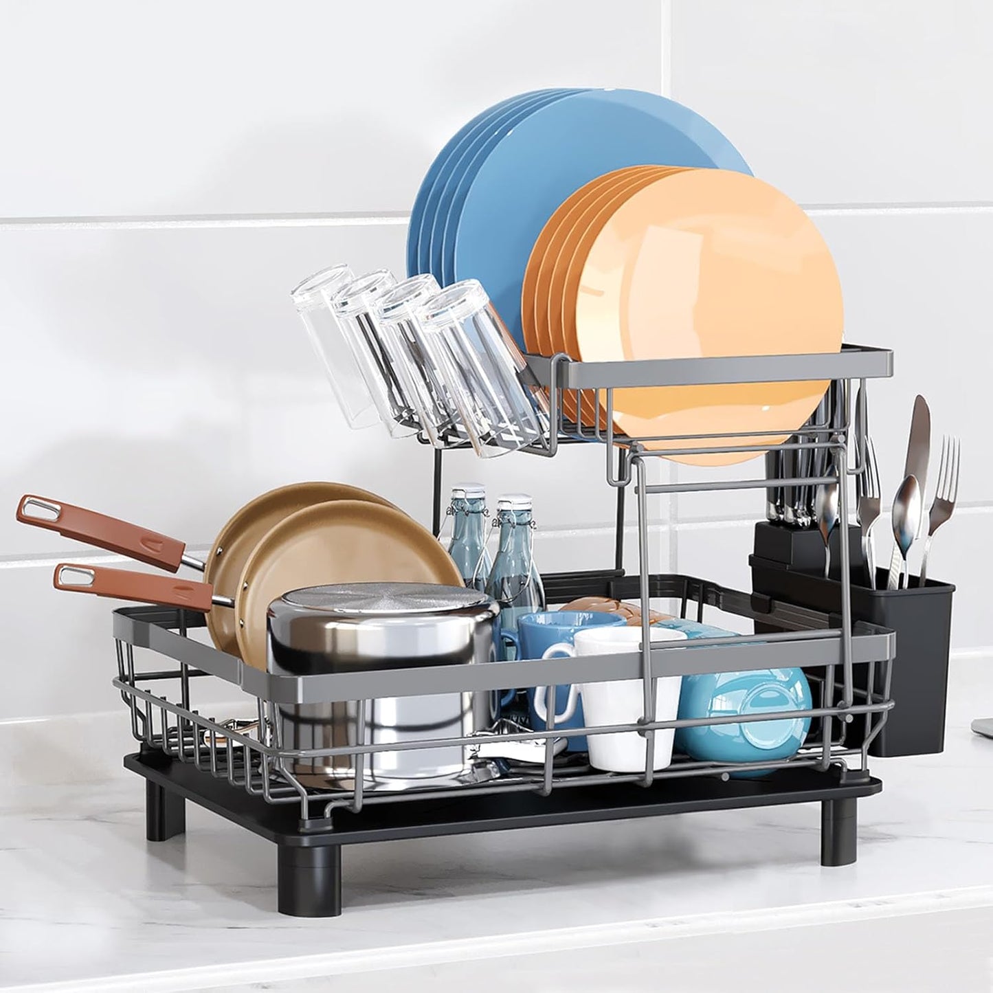 GAXmi Dish Drying Rack Over The Sink Dish Drainer with Drainboard Utensil Holder Cup Holder, 2-Tier