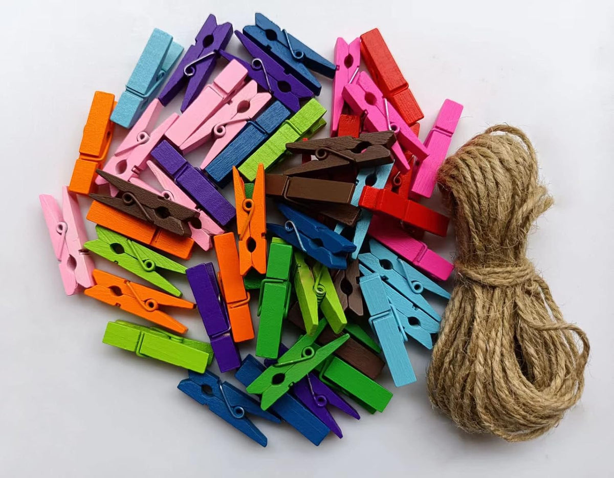 Durreus Colorful Small Clothes Pins Photos String Display with Clips Art Hanging Kit for Artwork