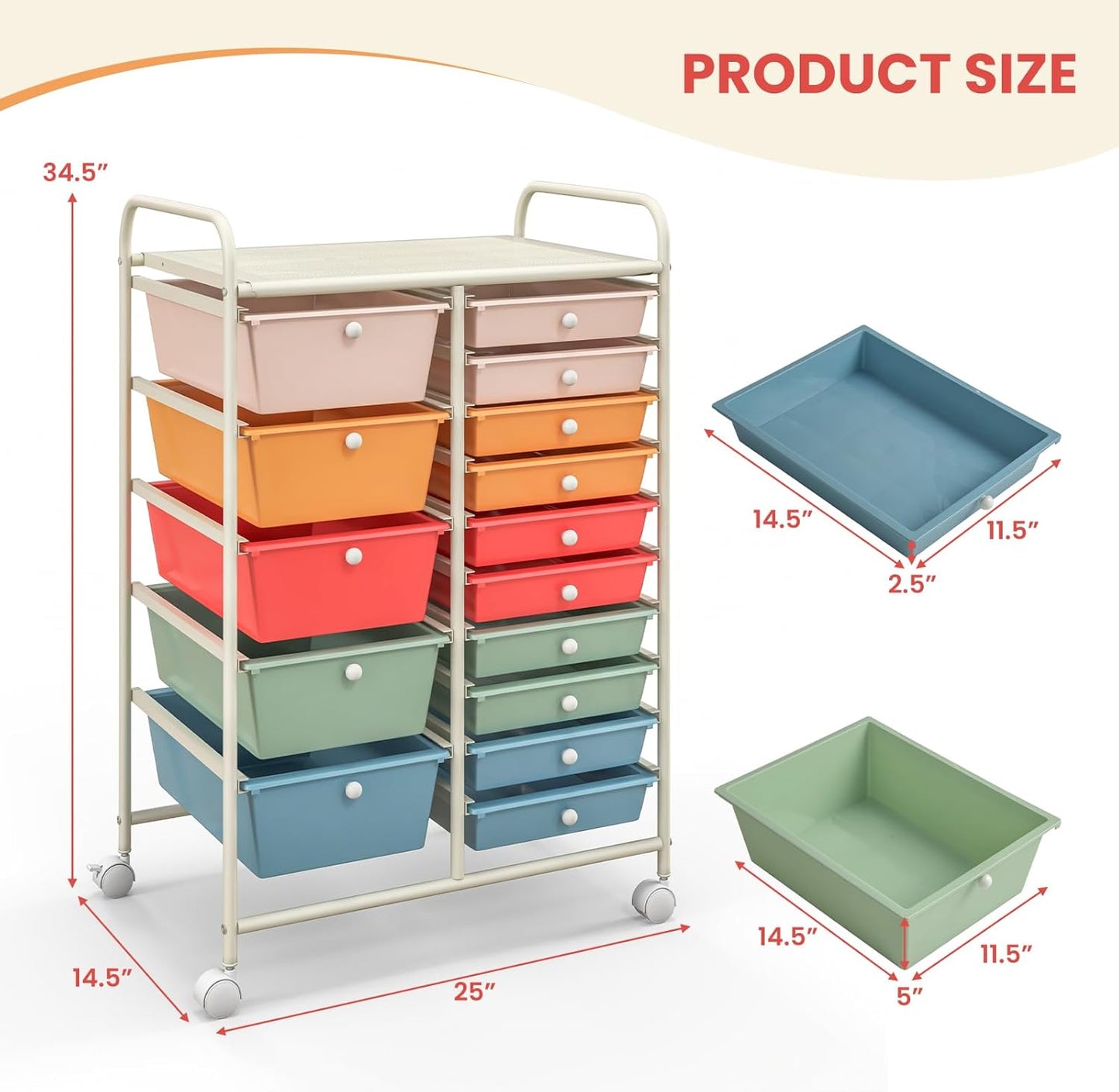GOFLAME 15-Drawer Rolling Storage Cart, Multipurpose Movable Organizer, Utility Cart for Home