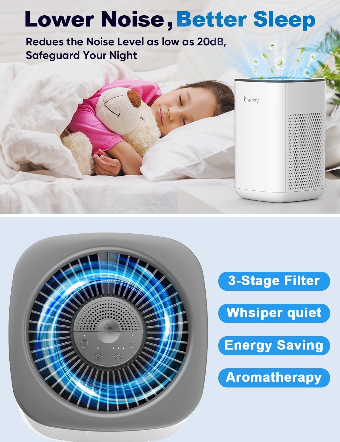 Priestley Small Air Purifiers for Home Bedroom Dorm Office Desktop, 20dB Quiet 3-in-1 HEPA Air