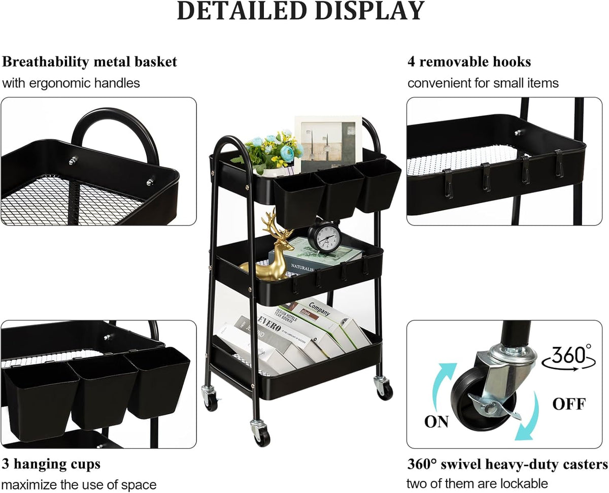 danpinera 3-Tier Rolling Cart, Metal Rolling Storage Cart with Lockable Wheels & Hanging Cups &