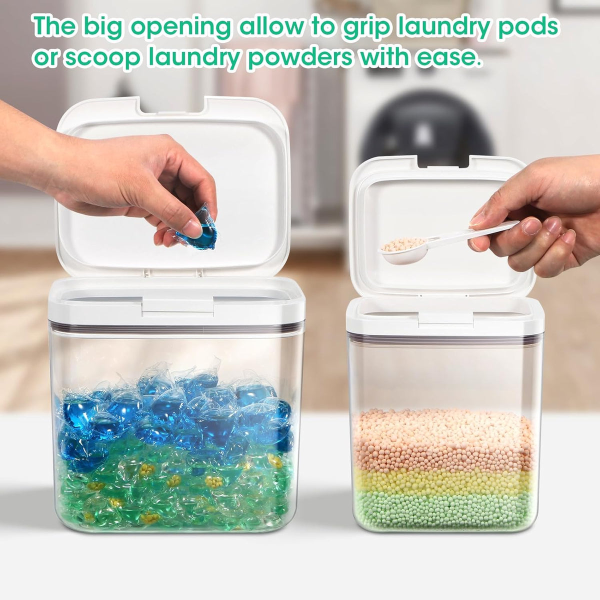 2 Pack Laundry Pods Container with One-Click Pop-up Lid, 95 oz + 68 oz Laundry Room Detergent