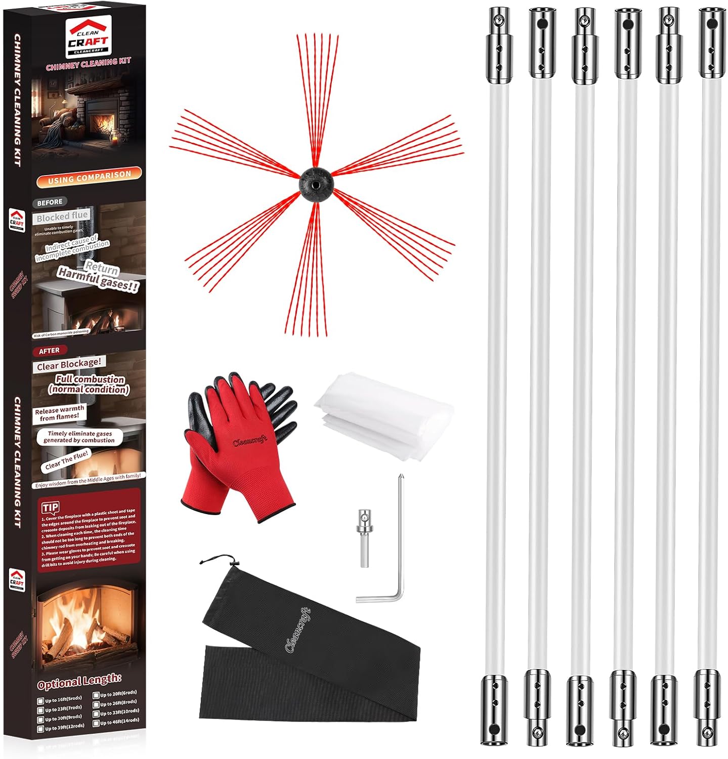 20 Feet Chimney Sweep Kit, Chimney Cleaning Kit with 6 Flexible White Chimney Rods, Rotary Chimney