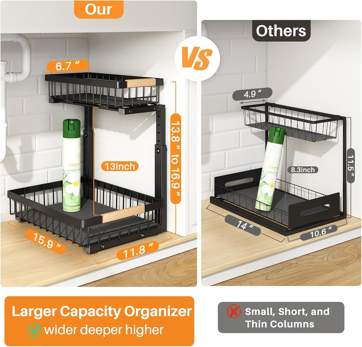 PXRACK 2 PACK Under Sink Organizer,Adjustable Height,2 Tier Pull Out Under Cabinet