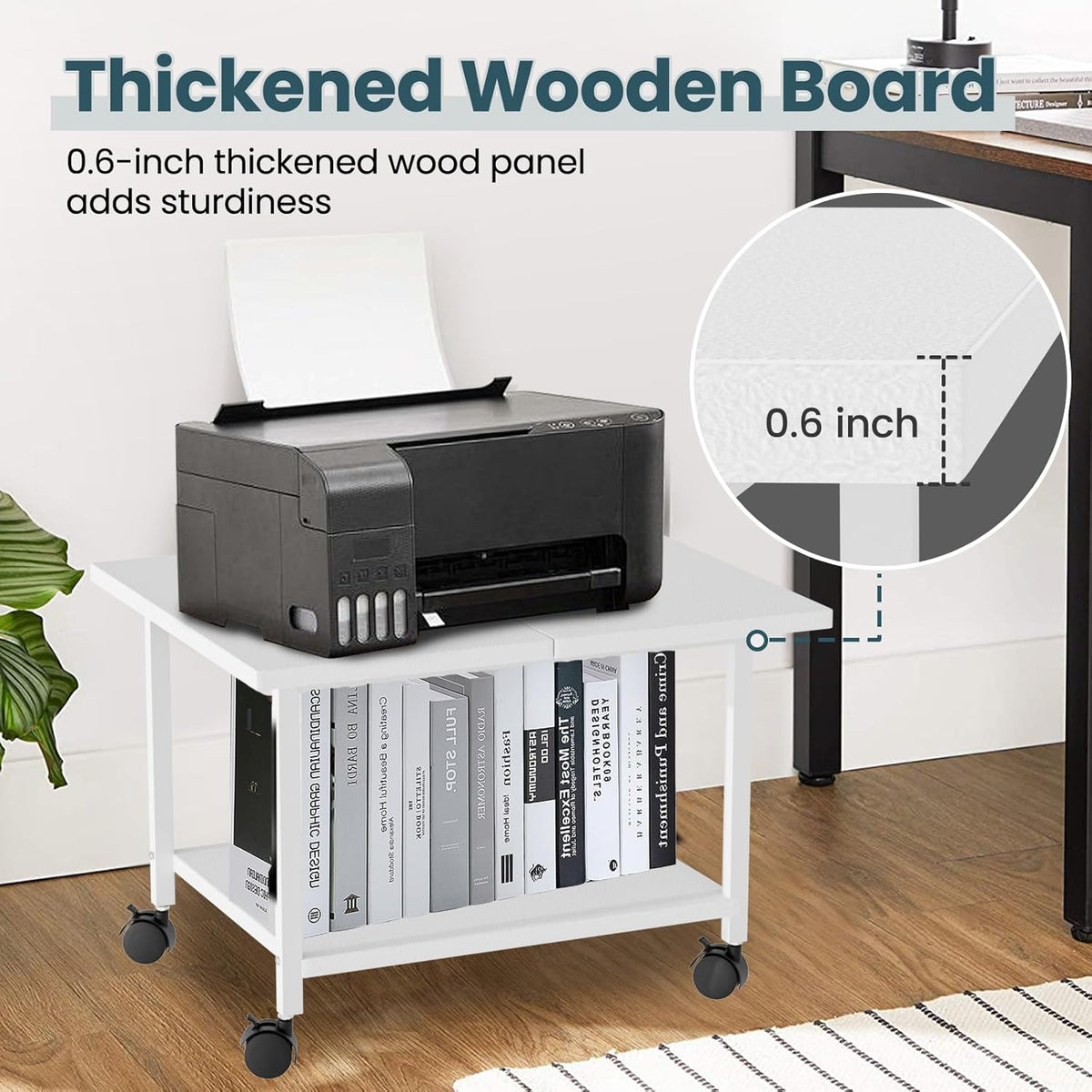 Printer Stand with Storage Under Desk Shelf, Desktop Printer Stand Organizer, Rolling Printer Cart