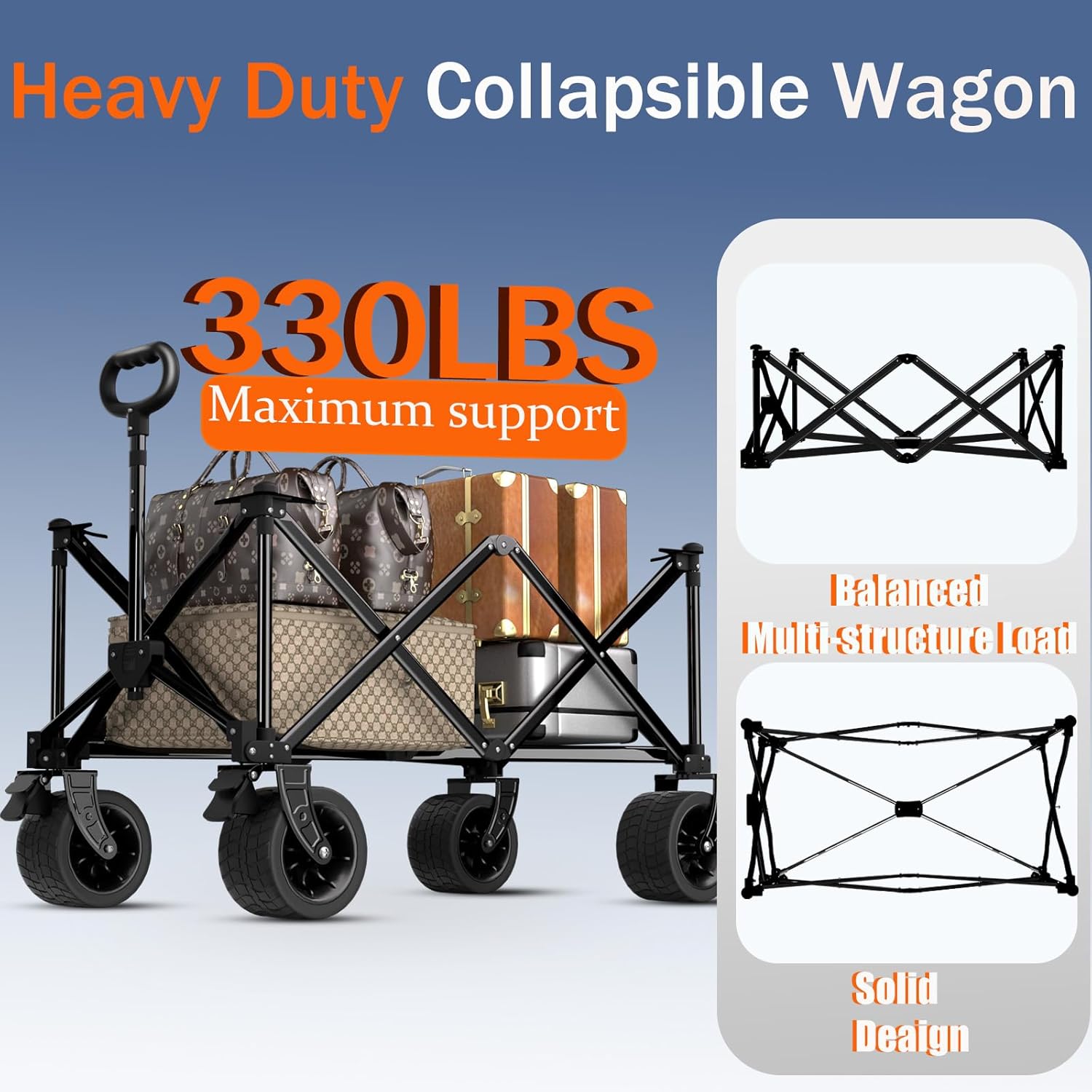 Collapsible Wagon Cart with Silent All-Terrain Wheels, Foldable Heavy Duty Beach Wagon with