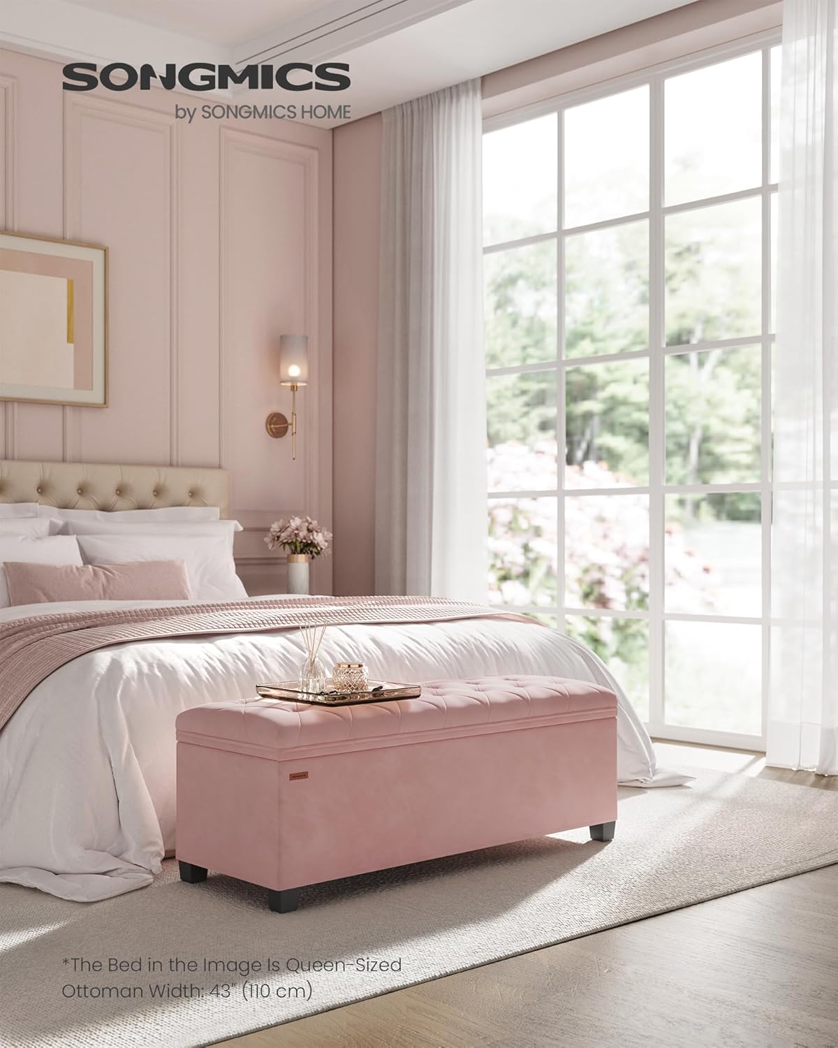 SONGMICS Velvet Storage Ottoman Bench, Foot Rest with Legs, 15.7 x 43 x 15.7 Inches, End of Bed