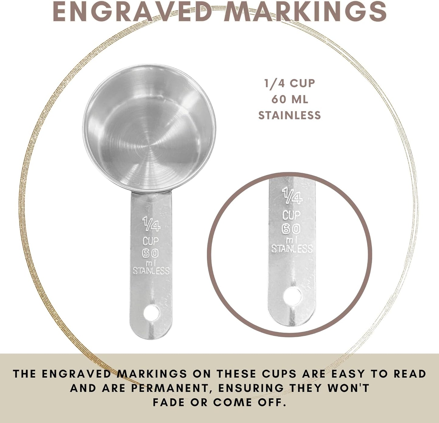 1/4 Cup Stainless Steel Measuring Cup | Sturdy Metal 60 ml | 60 cc | 2 oz | Single Cup for Wet and