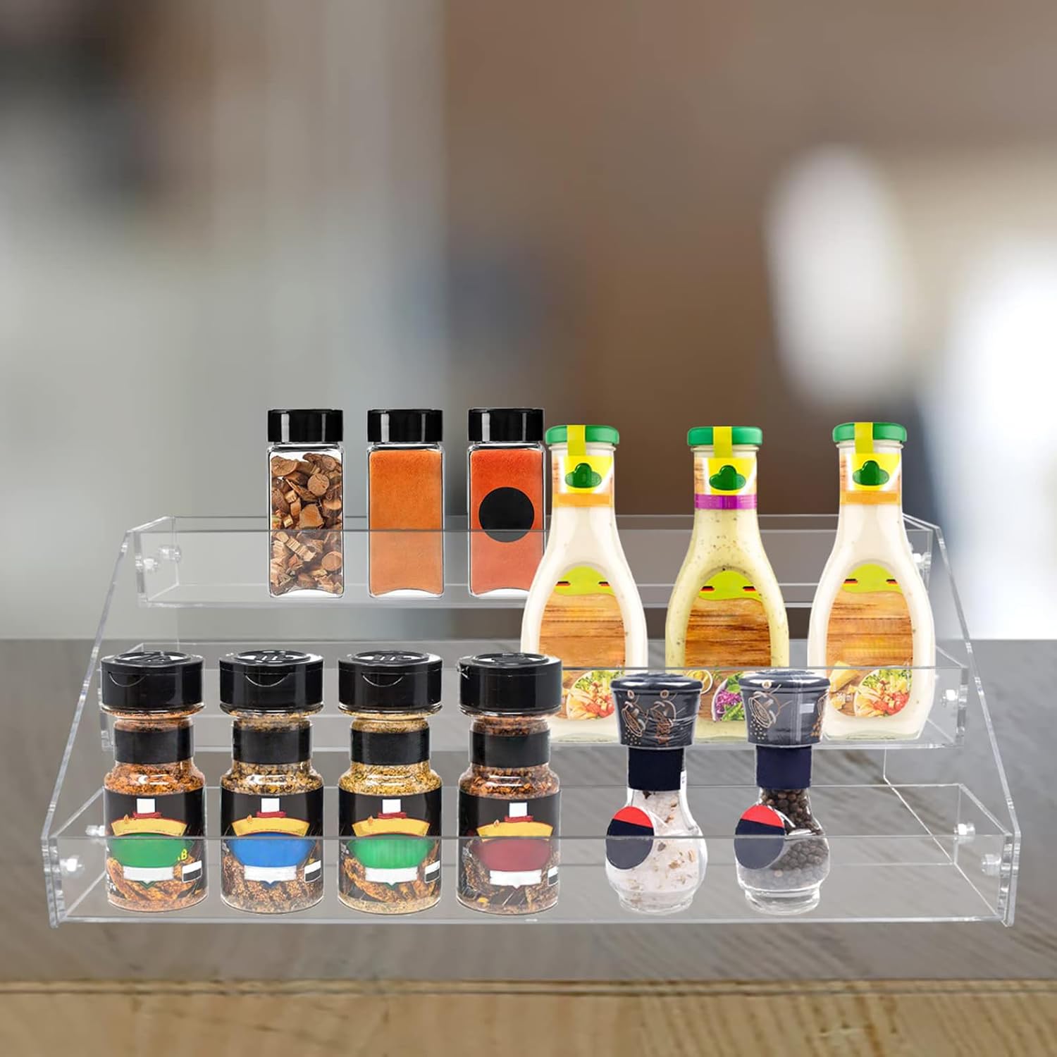 PMMASTO Tiered Spice Rack, Seasoning Organizer, Clear Acrylic Vertical Shelves Can Organizer for