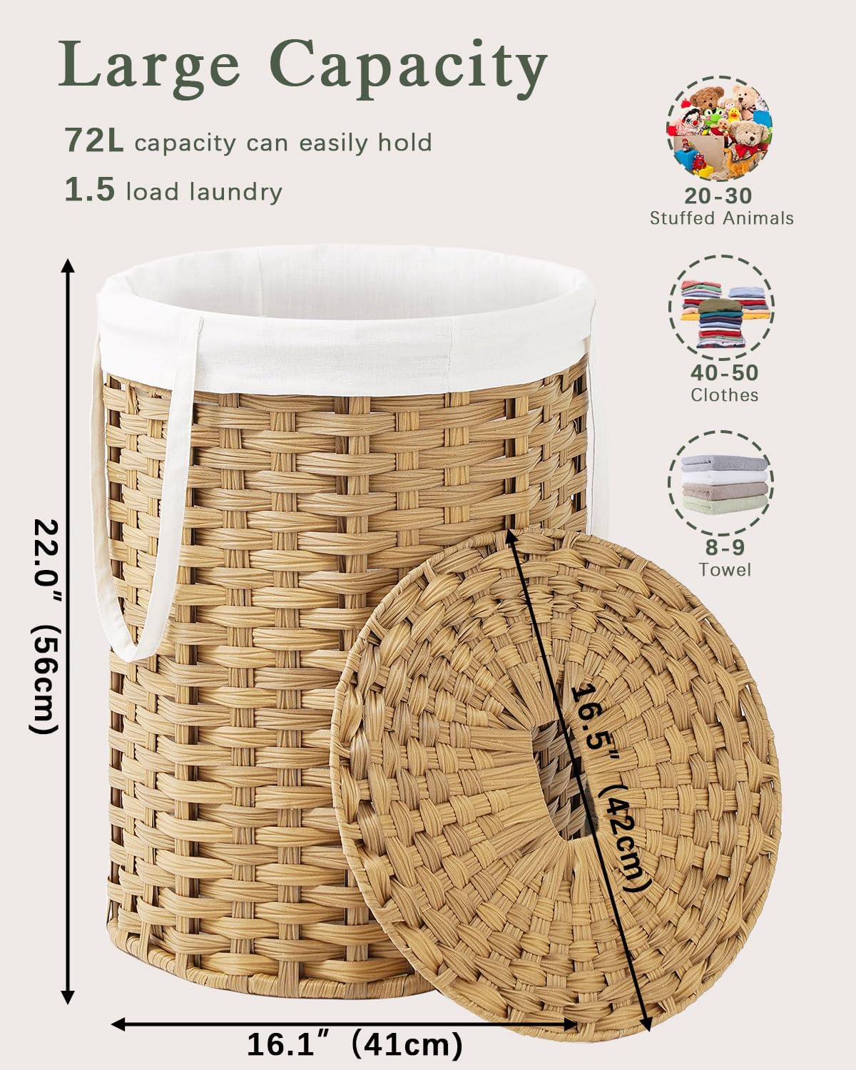 Laundry Hamper with Lid Laundry Basket with Lid 19.0 Gal (72 L) Round Wicker Laundry Basket