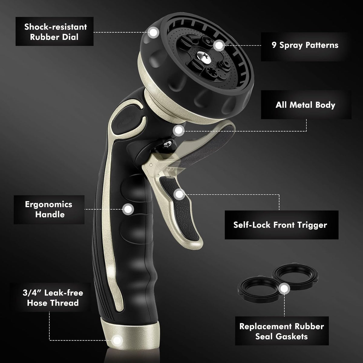 RESTMO Hose Nozzle with Easy Self-Lock Trigger, Heavy Duty Metal Water Hose Sprayer with 9 Spray