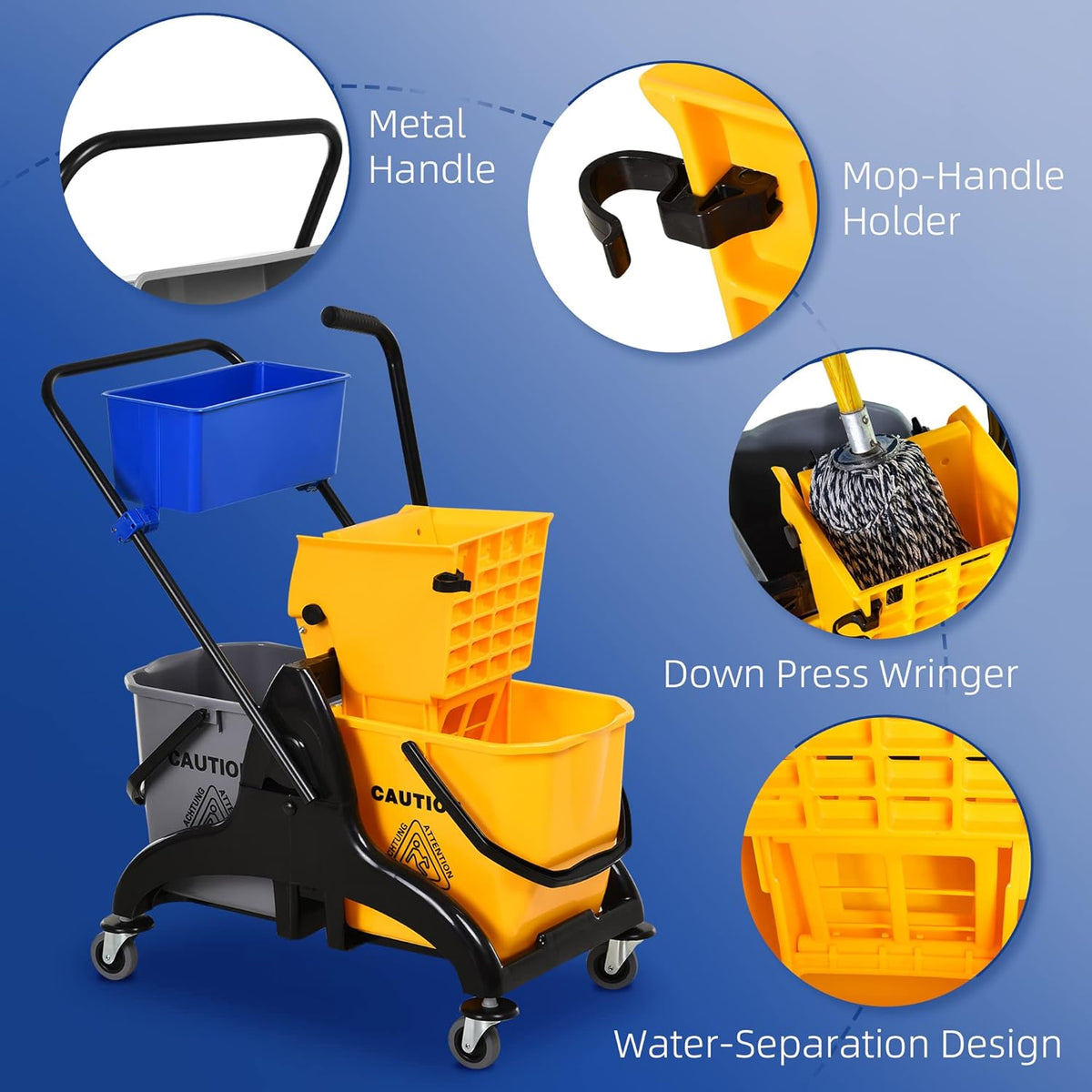 HOMCOM 2 x 6.9 Gallon Mop Water Bucket Wringer Cart with Easy to Use Side Press Wringer, Smooth