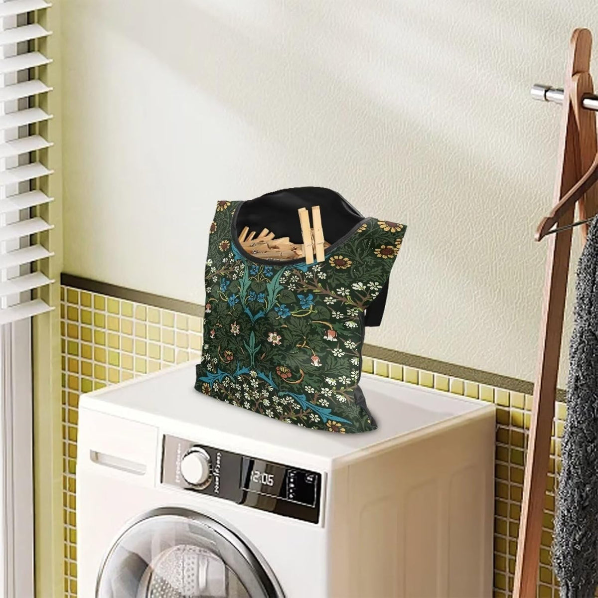 Vintage Scabious Leaf Print Reinforced Clothespin Holder Bag 14.5x12in - Large Capacity Storage