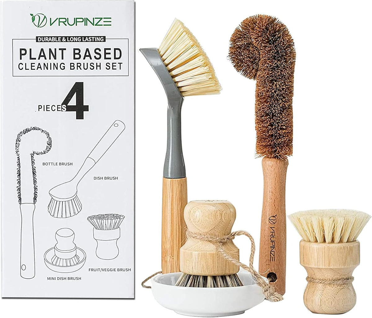 Natural Bamboo Dish Brush Bottle Scrub Brush 4-Piece Set, with Ceramic Soap Dispenser - Wooden