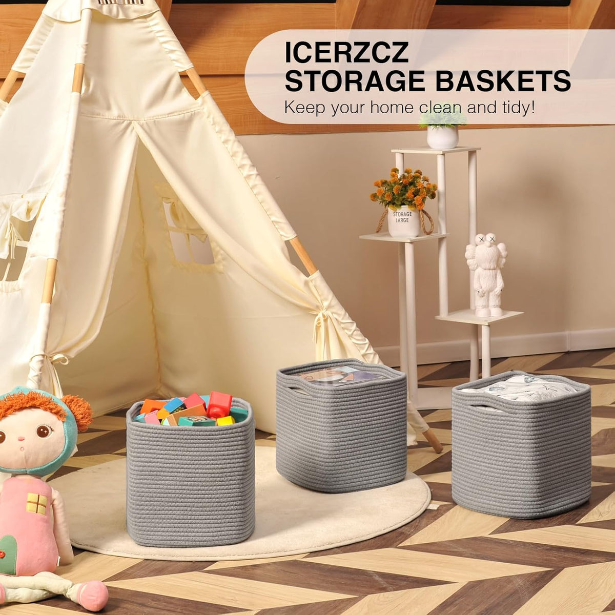 11 Inch Cube Storage Bins, Storage Cube Organizer Bins, Woven Cotton Rope Basket for Storage