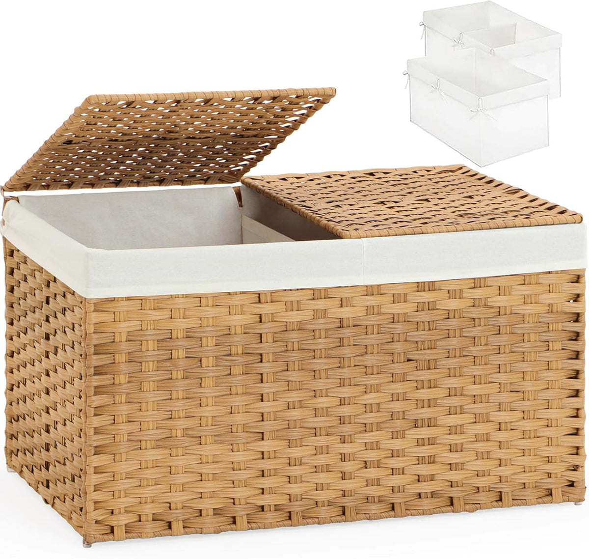 Storage Basket with Lid Rattan Woven Storage Baskets with 2 Separate Lids, 17.2 Gallon (65 L), 22 x