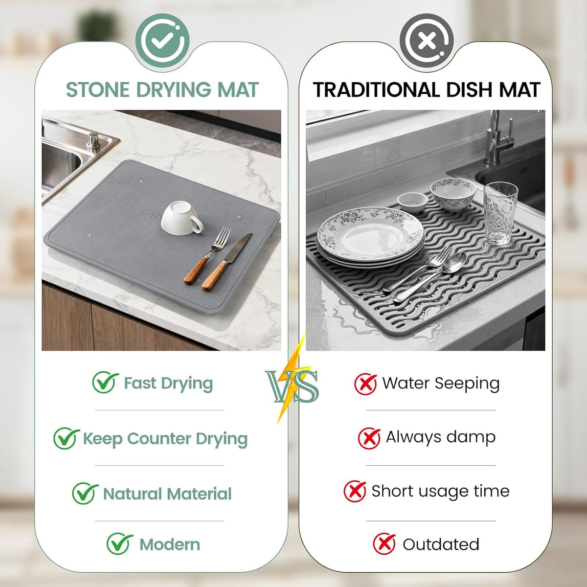 Large Stone Dish Drying Mats for Kitchen Counter,20"(L)×16"(W) Diatomaceous Earth Stone Mat With