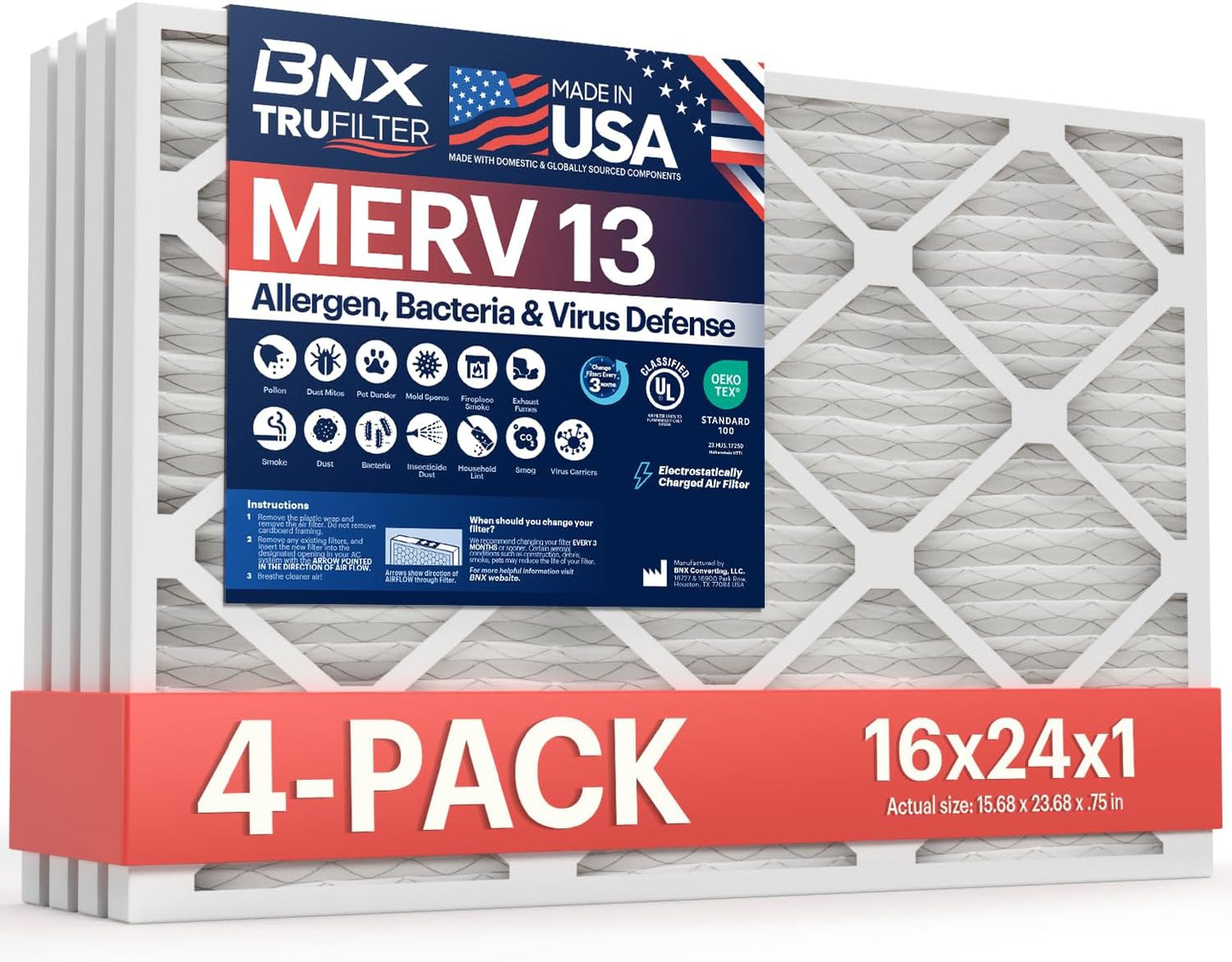 BNX TruFilter 16x24x1 Air Filter MERV 13 (4-Pack) - MADE IN USA - Electrostatic Pleated Air