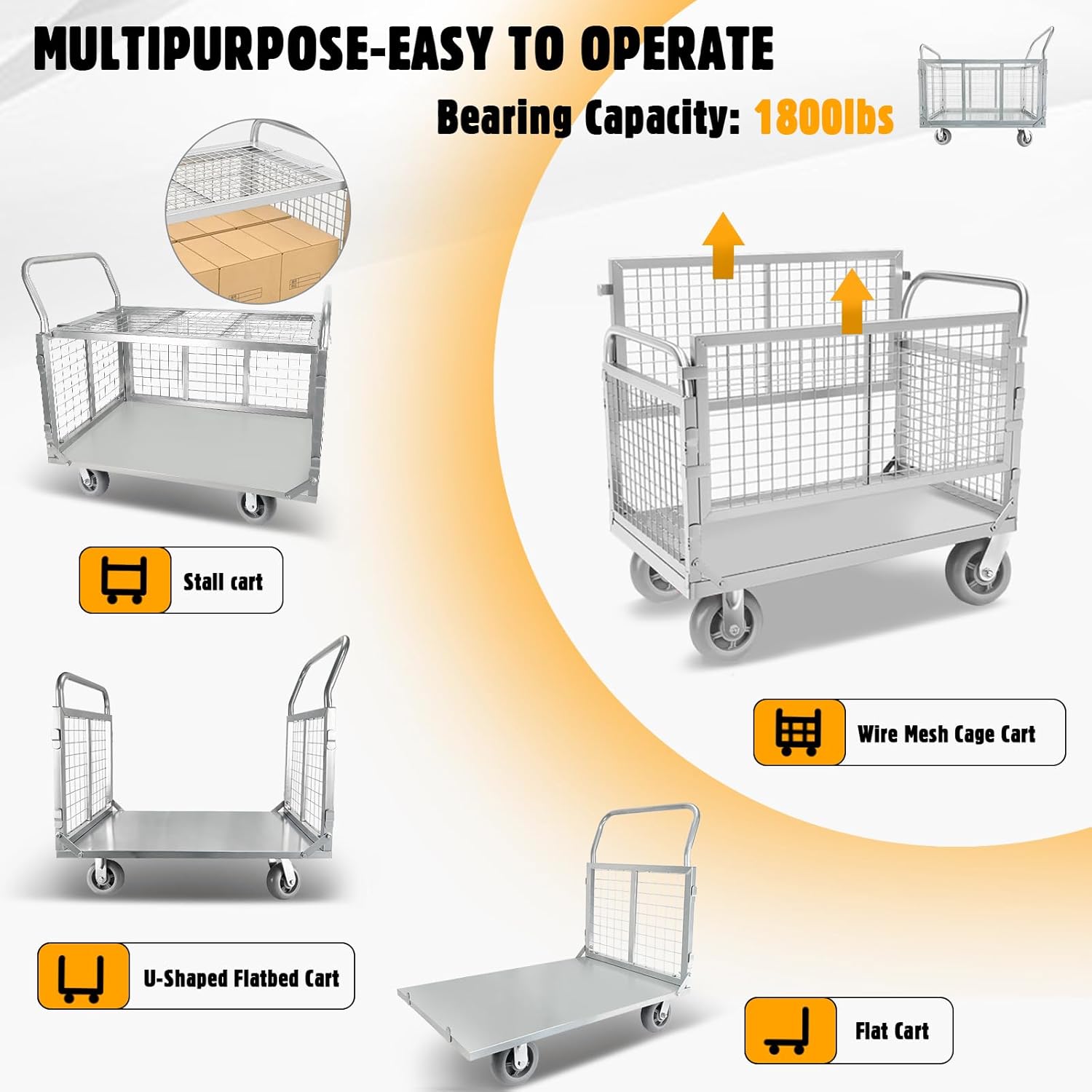 Platform Truck Cart with Cage, 6 in1 Foldable Flatbed Cart Heavy Duty Push Cart Dolly W/Swivel