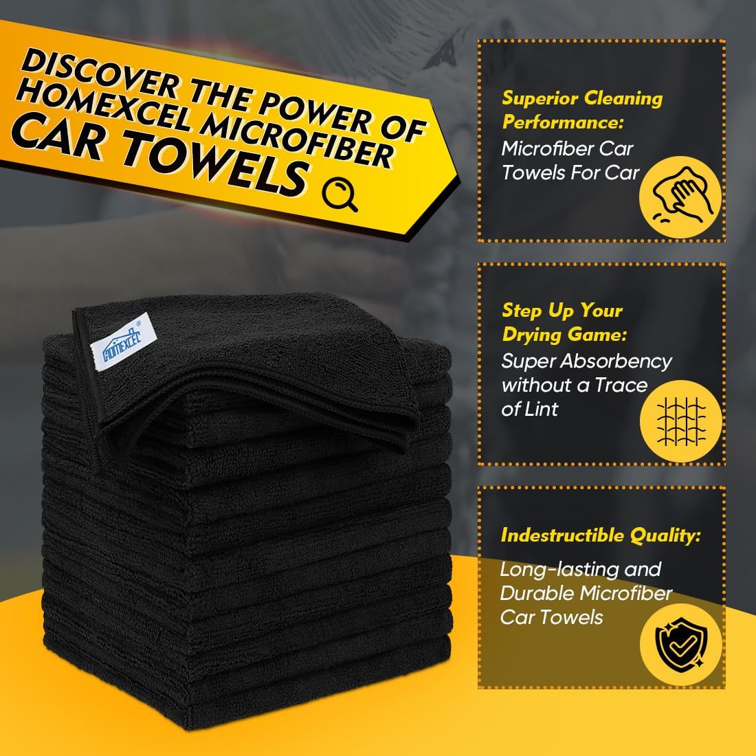 HOMEXCEL Black Microfiber Cleaning Cloth 12 Pack, 12.5 x 12.5 inch Microfiber Towels for Cars