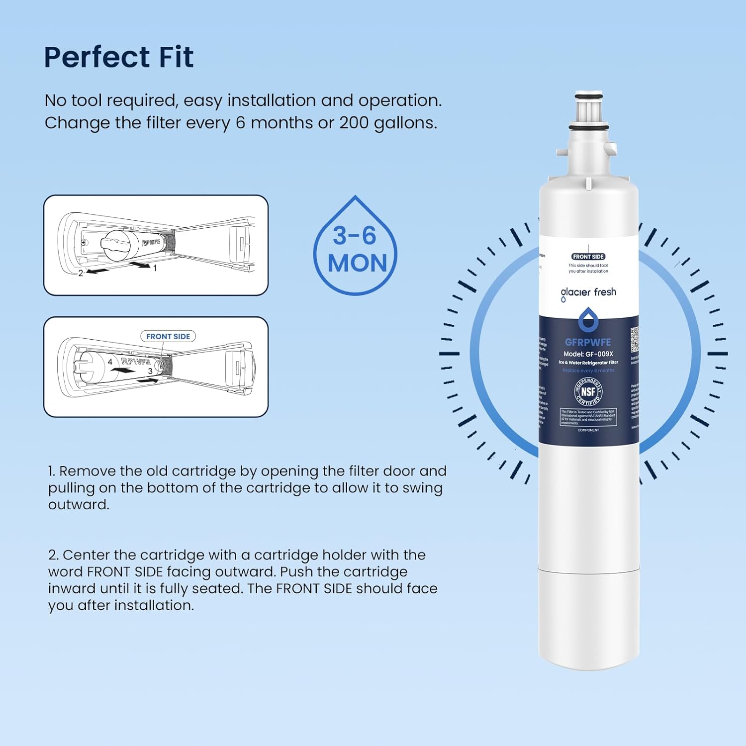 GLACIER FRESH Replacement for RPWFE, RPWF (Built-in CHIP) Refrigerator Water Filter, Compatible