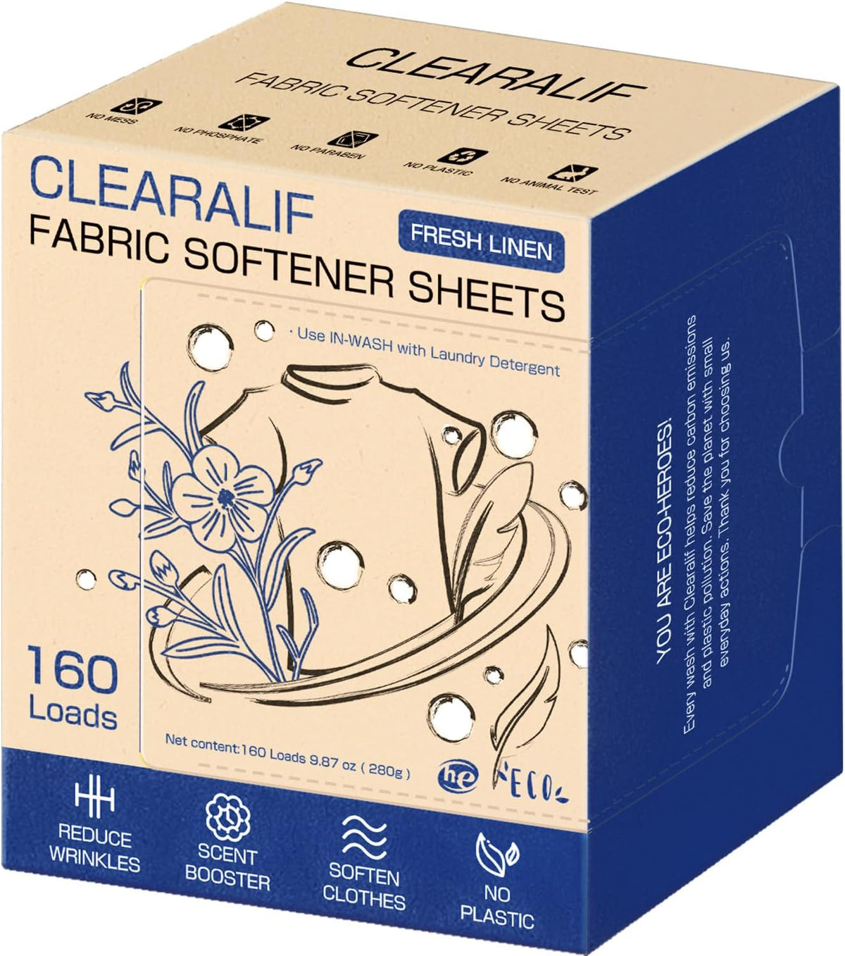 CLEARALIF laundry Fabric Softener Sheets, Fresh Linen Scent, 160 Loads, Eco Friendly, Great For