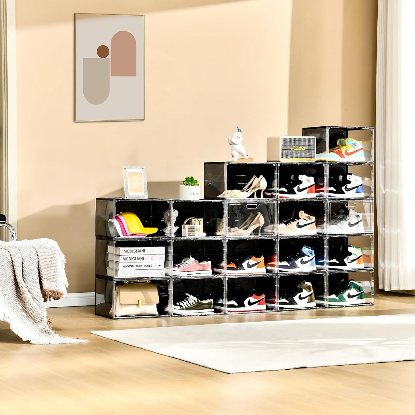 New 8 Pack Shoe Boxes Stackable, Large Shoe Storage Organizer with Lids,Drop Side Shoe Containers