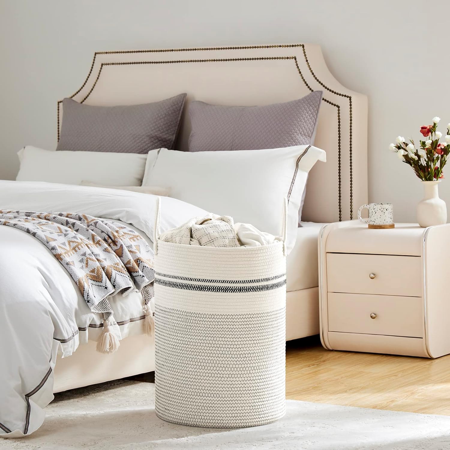 VIPOSCO Large Laundry Hamper, Tall Woven Rope Storage Basket for Blanket, Toys, Dirty Clothes in
