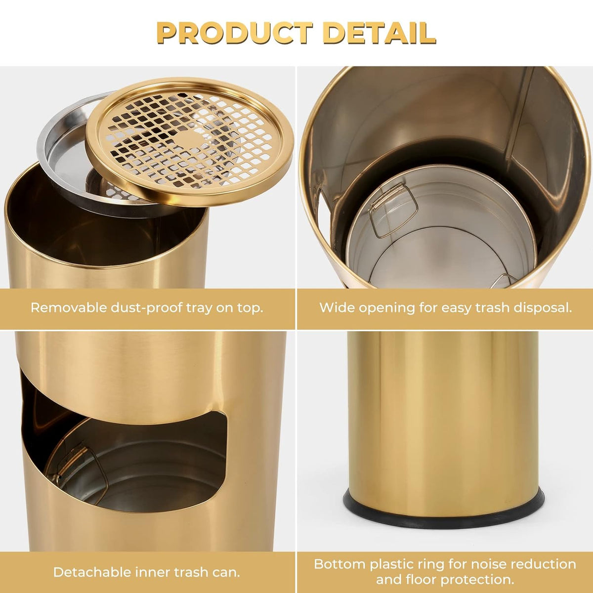 Trash Can Outdoor Waste Container Round Stainless Steel Trash Can with Removable Inner Bucket for