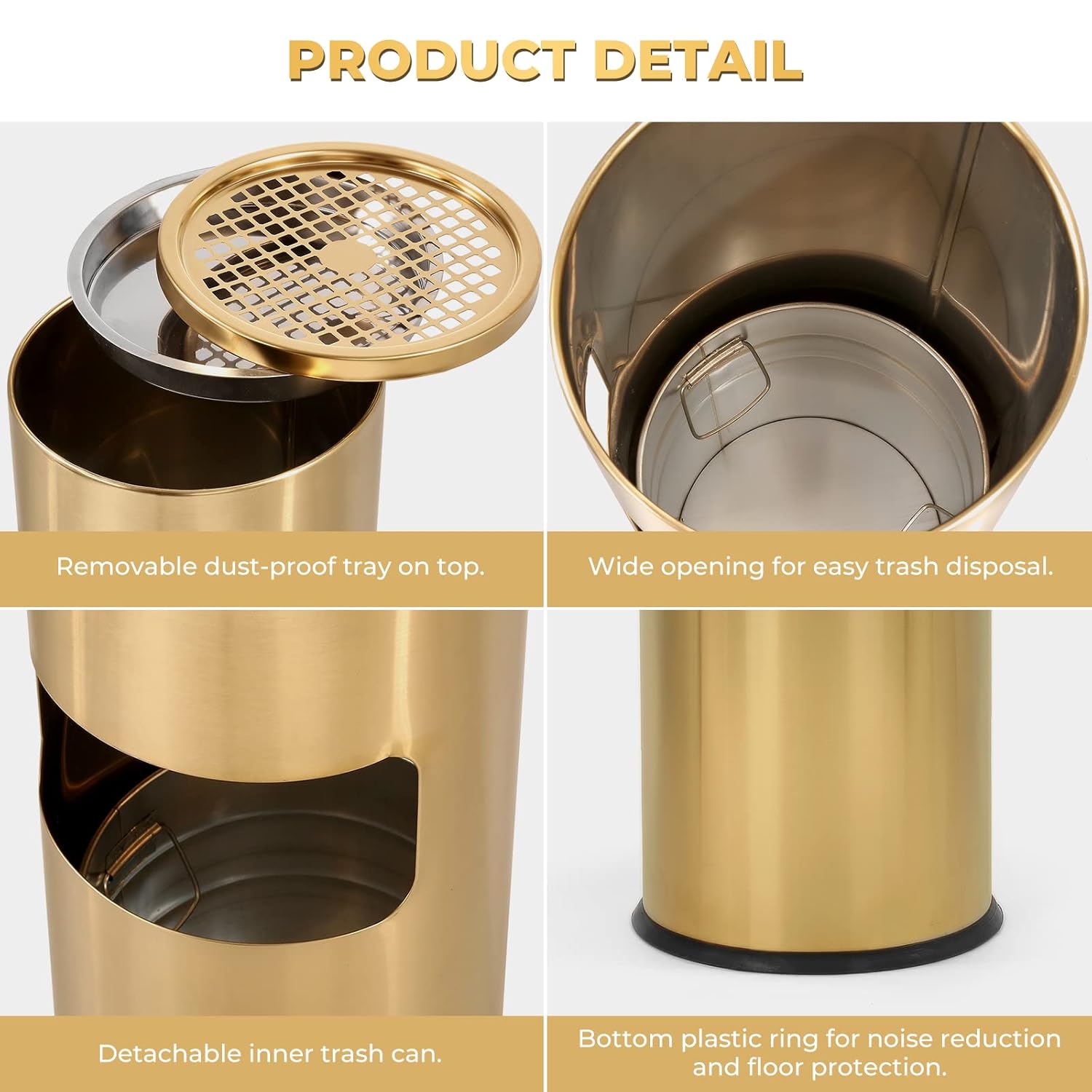 Trash Can Outdoor Waste Container Round Stainless Steel Trash Can with Removable Inner Bucket for