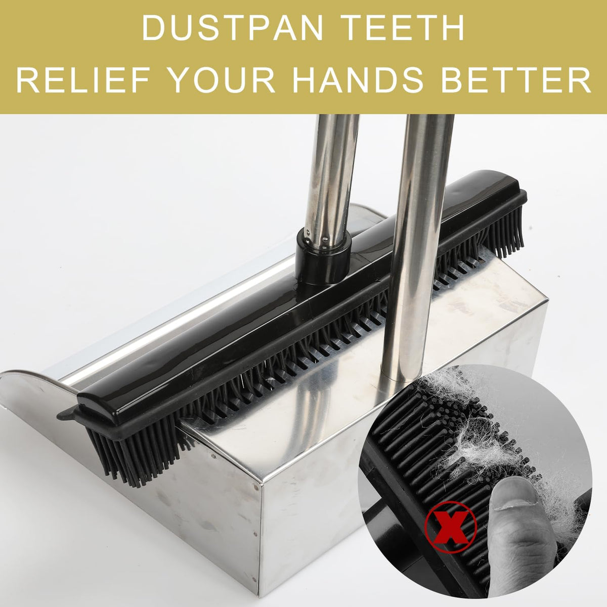 Rubber Broom and Dustpan Set,Pet Hair Removal Rubber Broom with Squeegee and Stainless Steel Dust