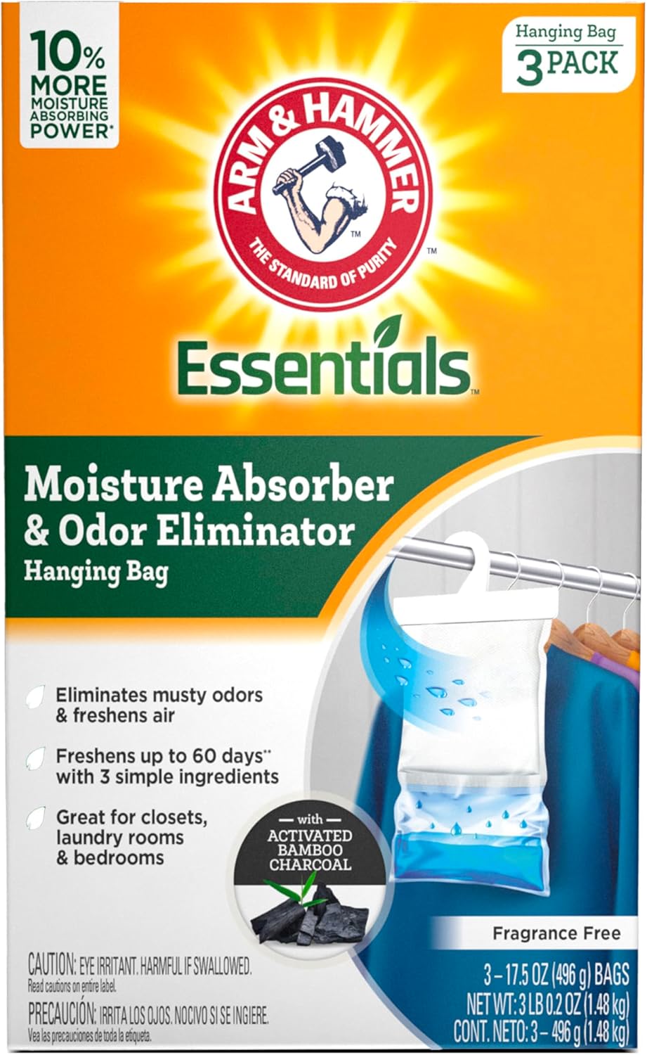 Arm & Hammer Essentials Hanging Moisture Absorber and Odor Eliminator, 17.5 oz., 3 Pack, Fragrance
