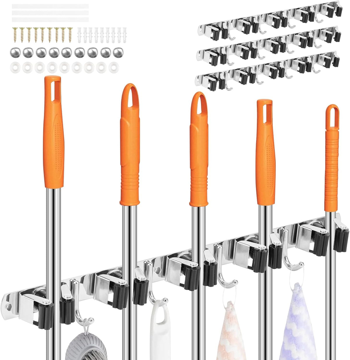3Pcs 5 Racks 4 Hooks Stainless Steel Broom Mop Holder Anti Slip Wall Mount Broom Storage Rack