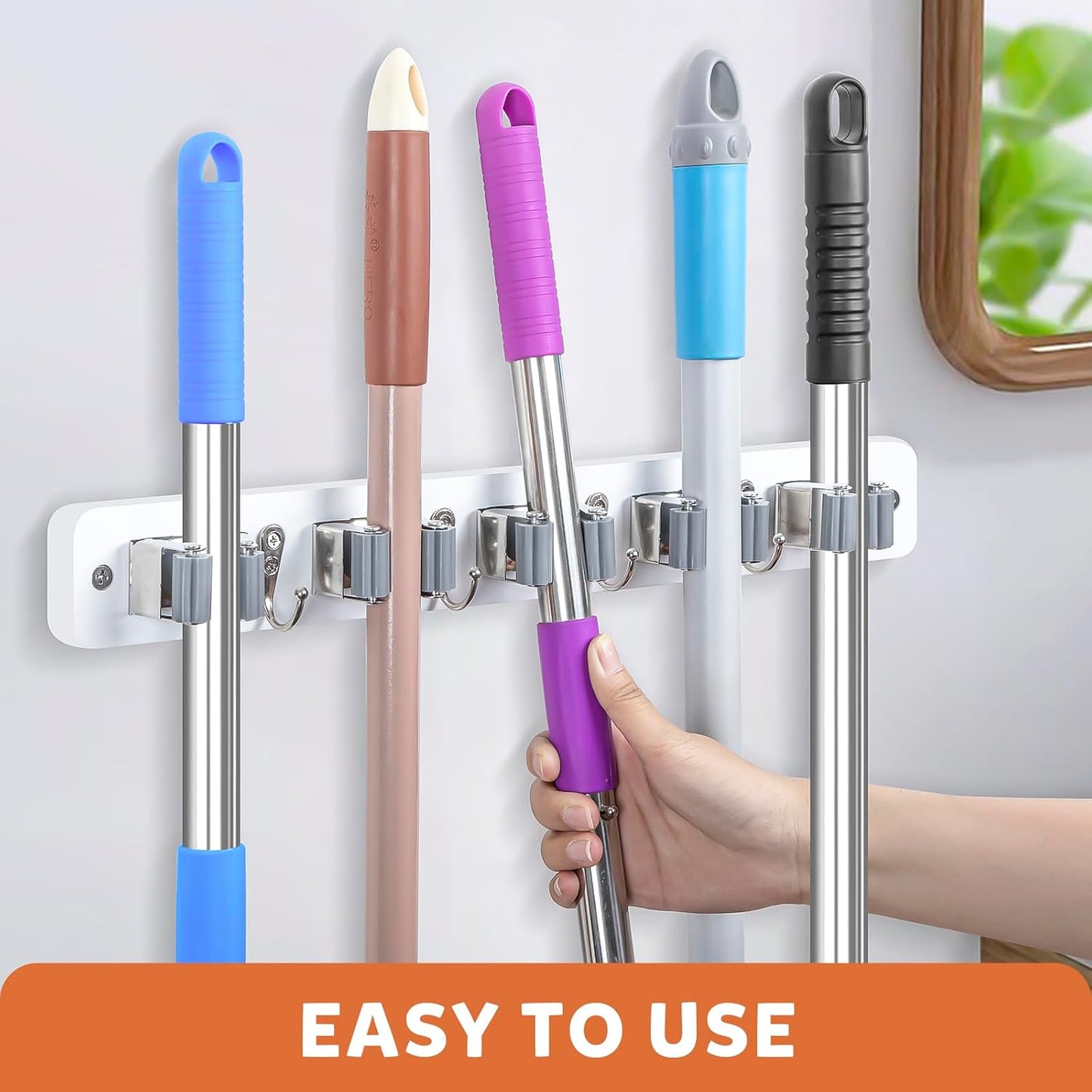 IMILLET Broom Holder Wall Mount, Wood Broom Holder with 5 Racks and 4 Hooks Broom Organizer