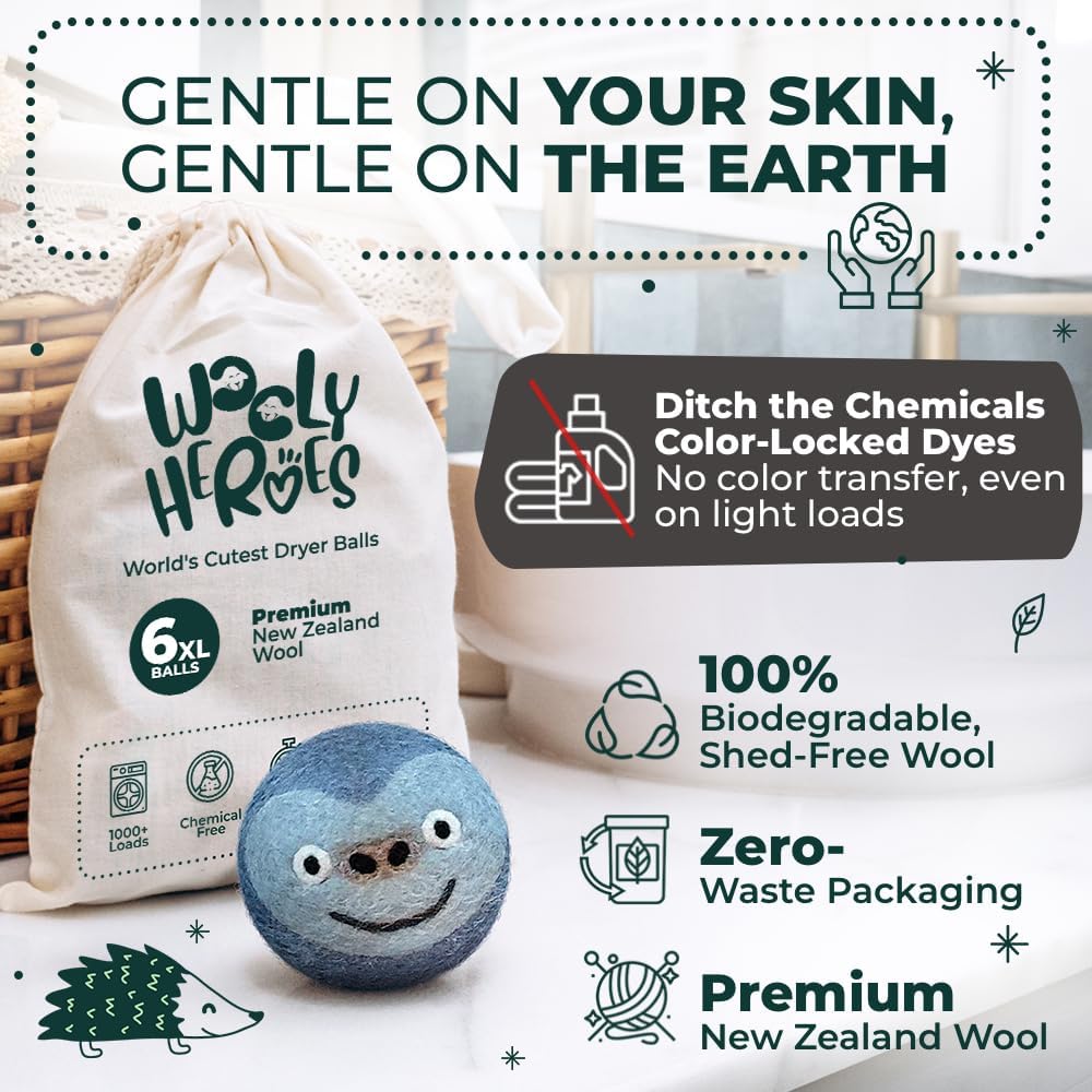 No More Dryer Sheets! Reusable Wool Dryer Balls XL 6-Pack - Reduces Static, Cuts Dry Time, &