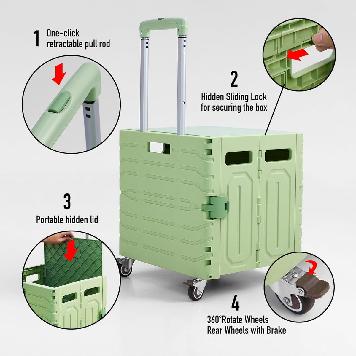 Folding Utility Cart Portable Rolling Crate Handcart Foldable Shopping Trolley Collapsible, with