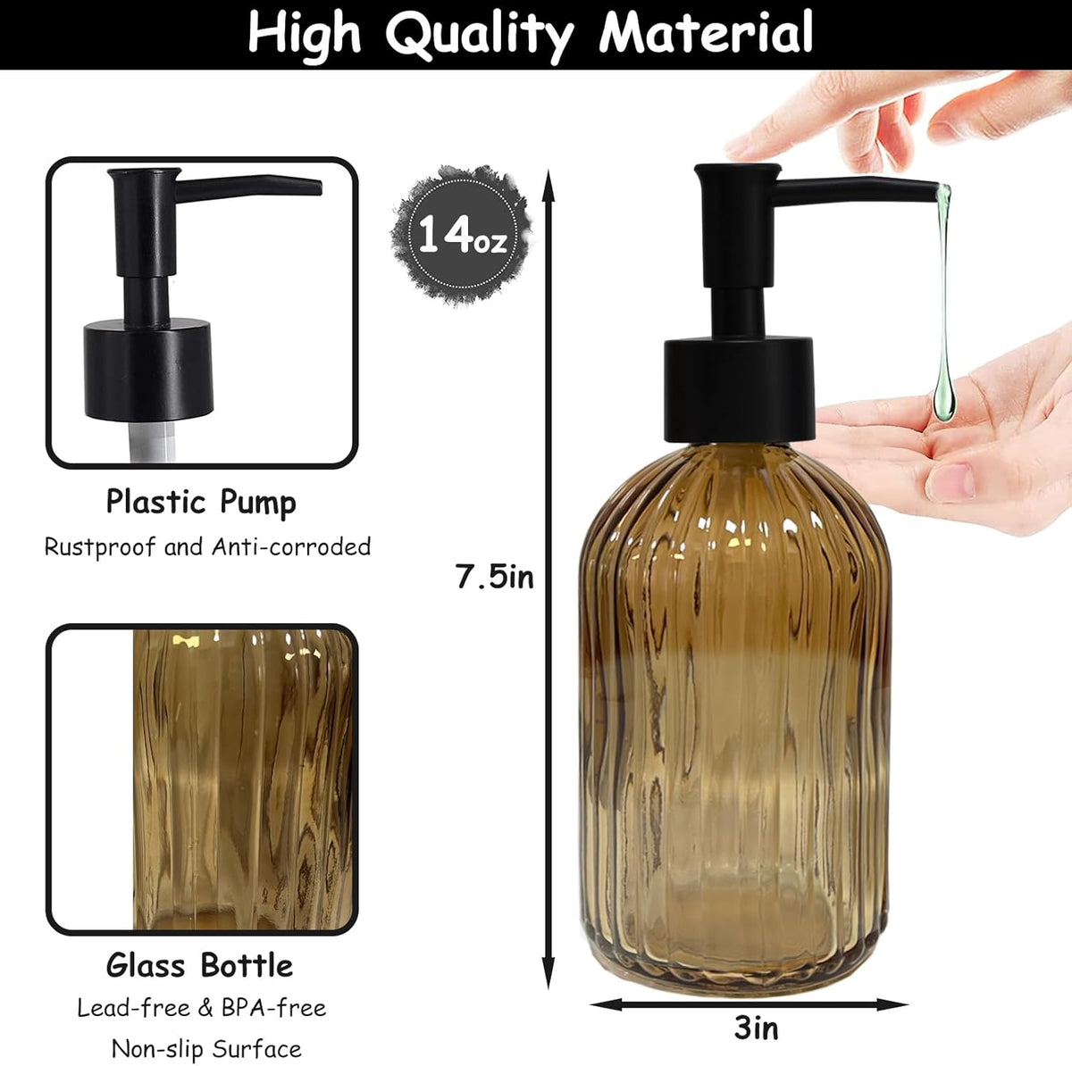 Black Pump Glass Soap Dispenser, 13.5oz Brown Stripe Countertop Refillable Liquid Bottle Hand Dish