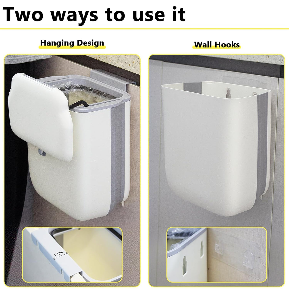 Soddeph 3.2 Gallon Foldable Hanging Trash Can with Lid for Cabinet Door,Kitchen Compost