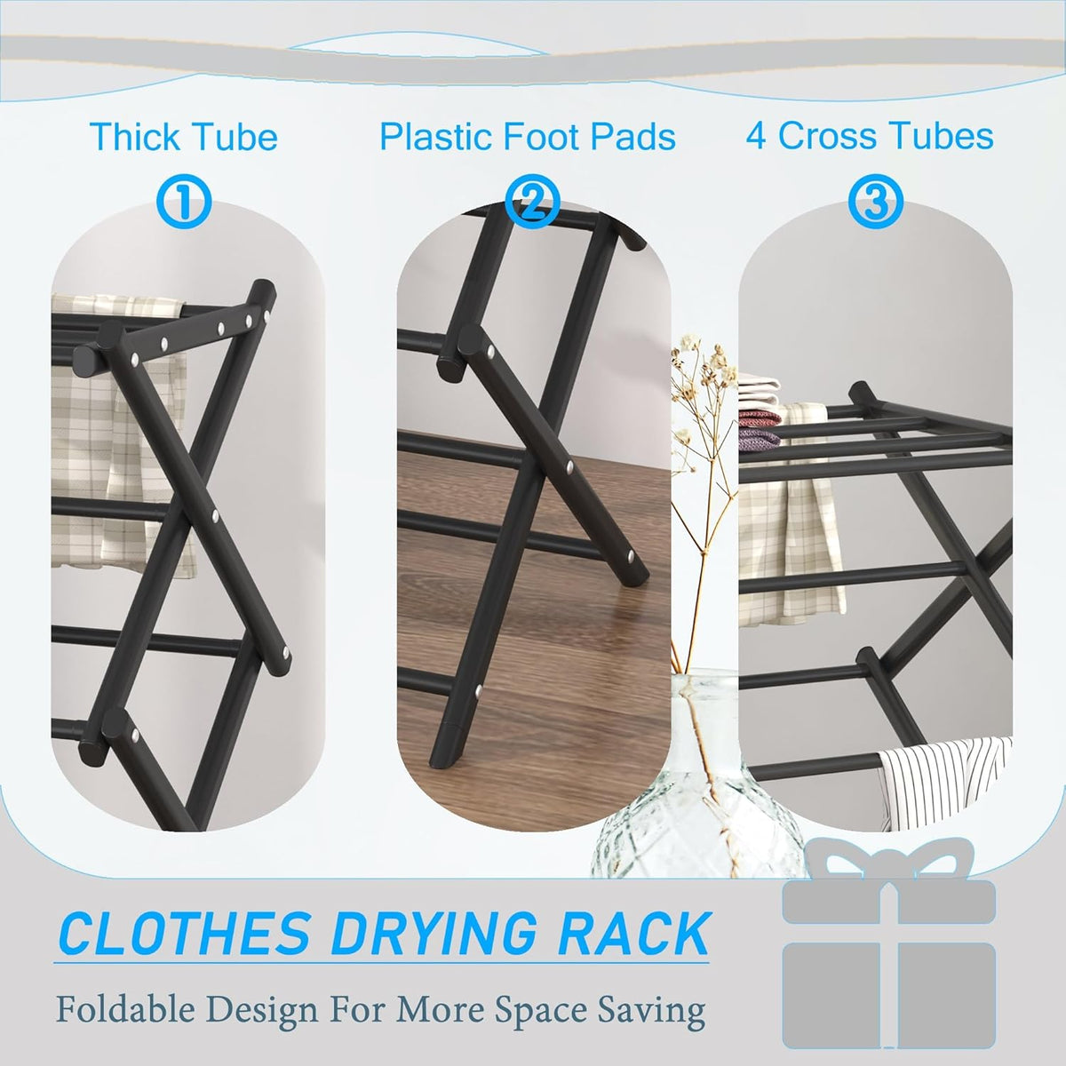Household Indoor Folding Clothes Drying Rack, Dry Laundry and Hang Clothes,Towel Rack (Black)