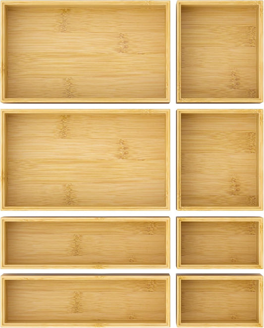 Bathroom Drawer Organizer Trays, Bamboo Silverware Drawer Organizer Kitchen Utensils, 8 PCS Wood