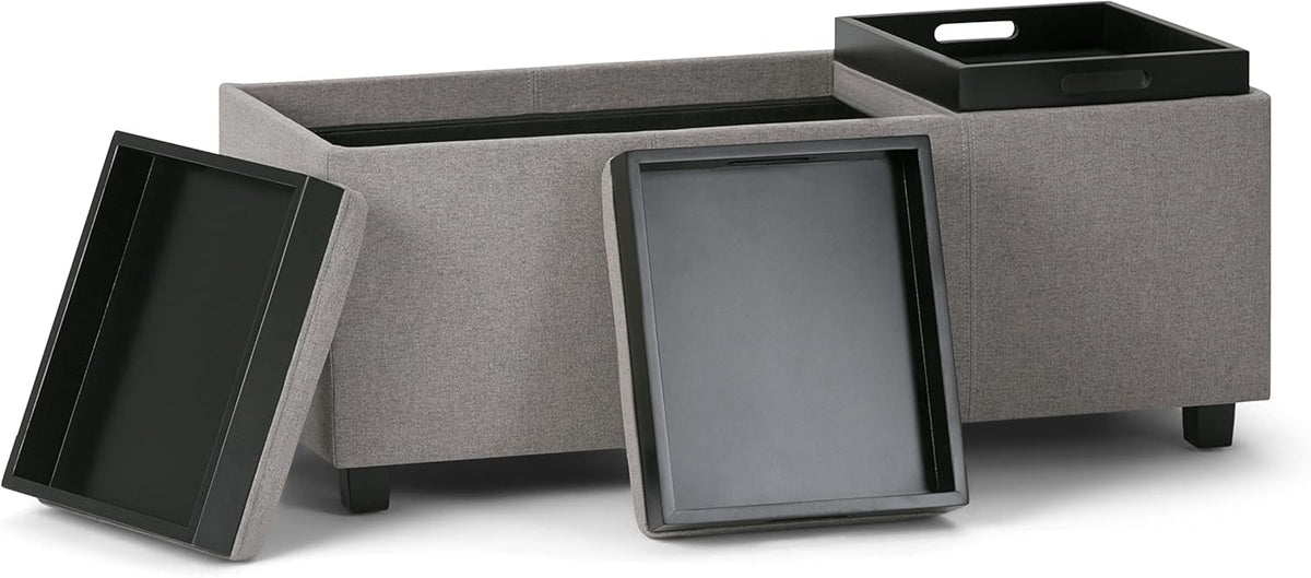 SIMPLIHOME Avalon 42 inch Wide Contemporary Rectangle Storage Ottoman in Cloud Grey Linen Look