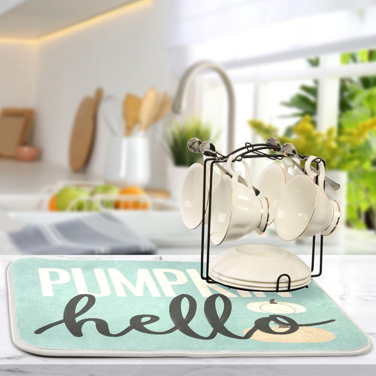 Hello Pumpkin Turquoise Fall Dish Drying Mat for Kitchen Countertop 16x18 Aqua Teal Autumn Small