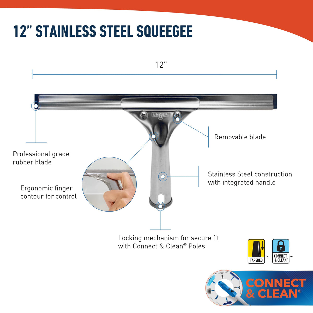 Unger Professional Stainless Steel Heavy-Duty Squeegee, 12", Silver