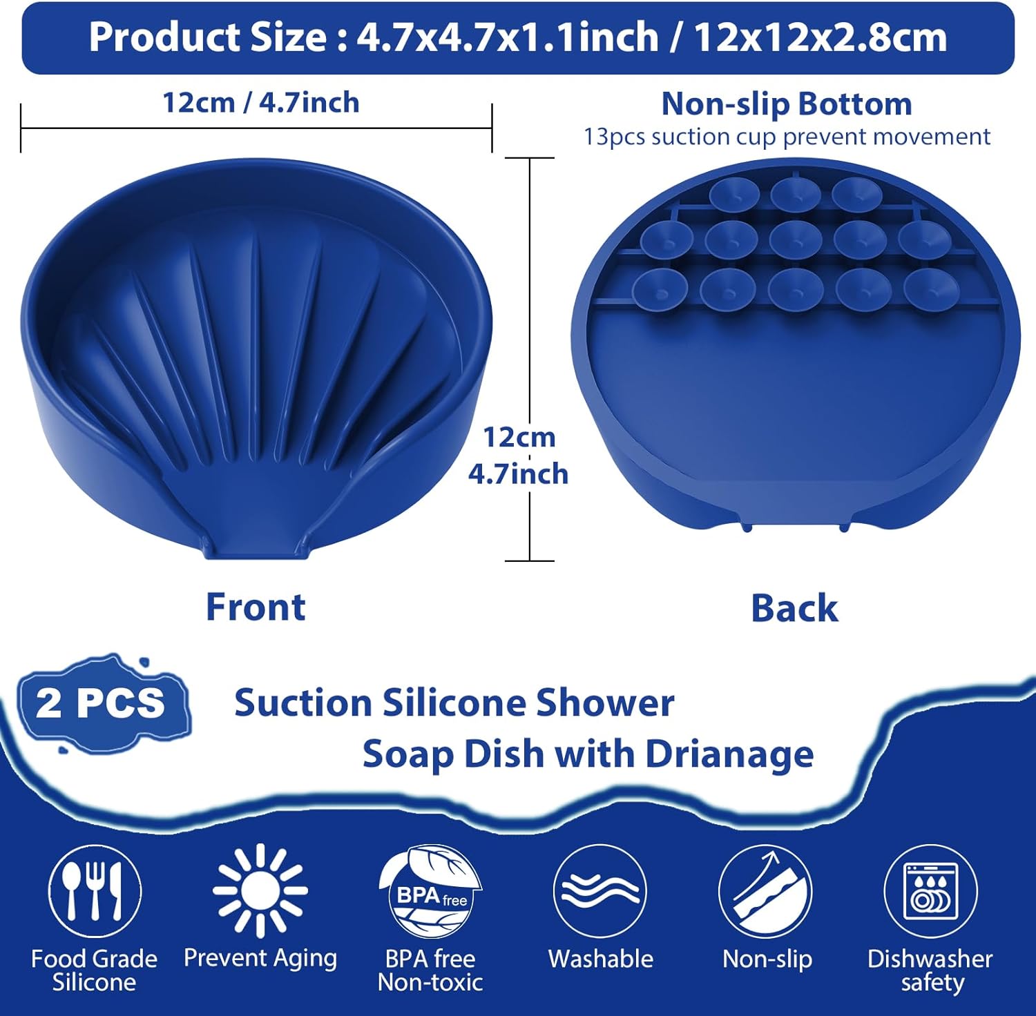 Self Draining Soap Dish, Silicone Suction Cup Soap Holder Tray Savers Container Sponge Holder for