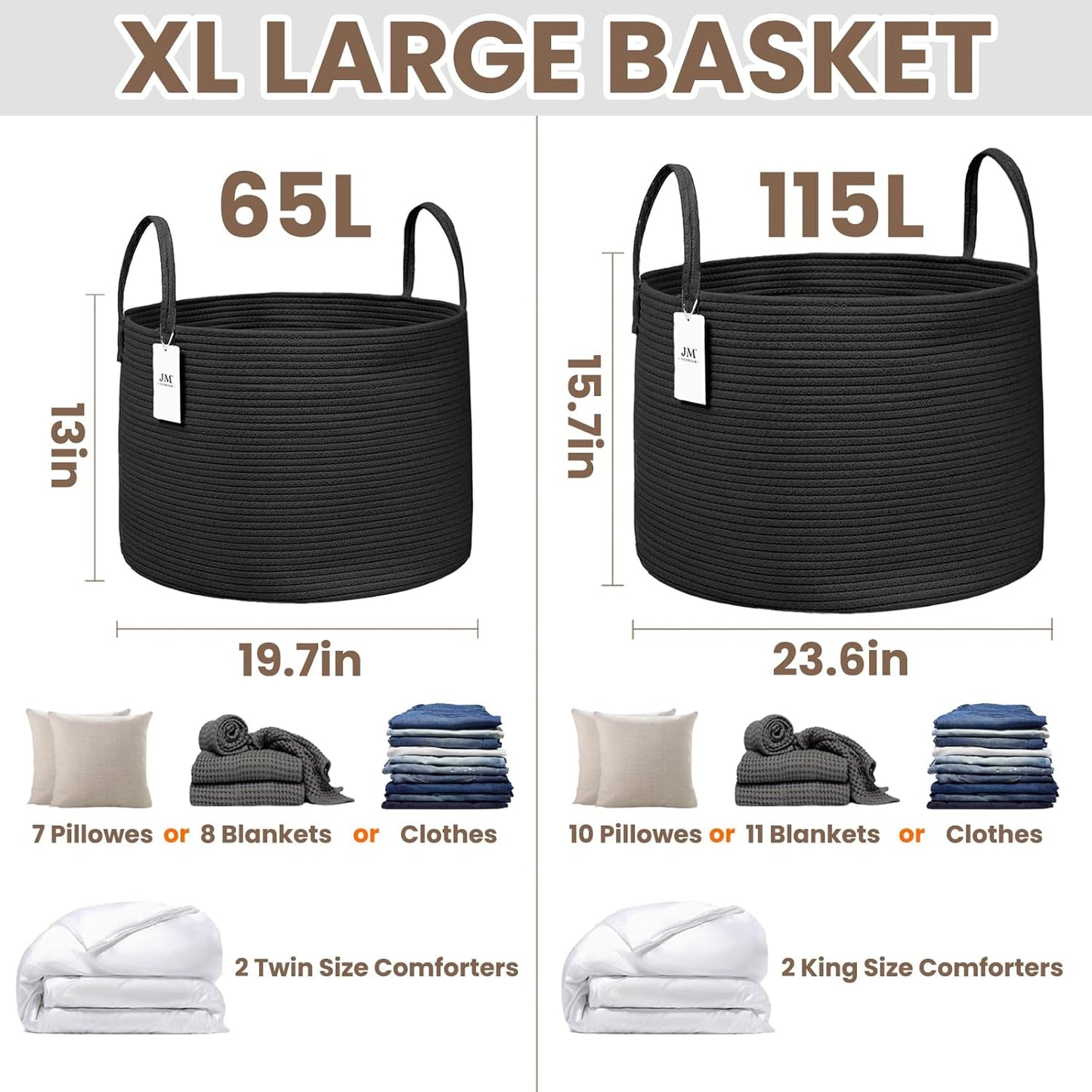 Woven Blanket Basket,65L Large Rope Storage Bin with Handles, Organizer for Blankets Toys Book and